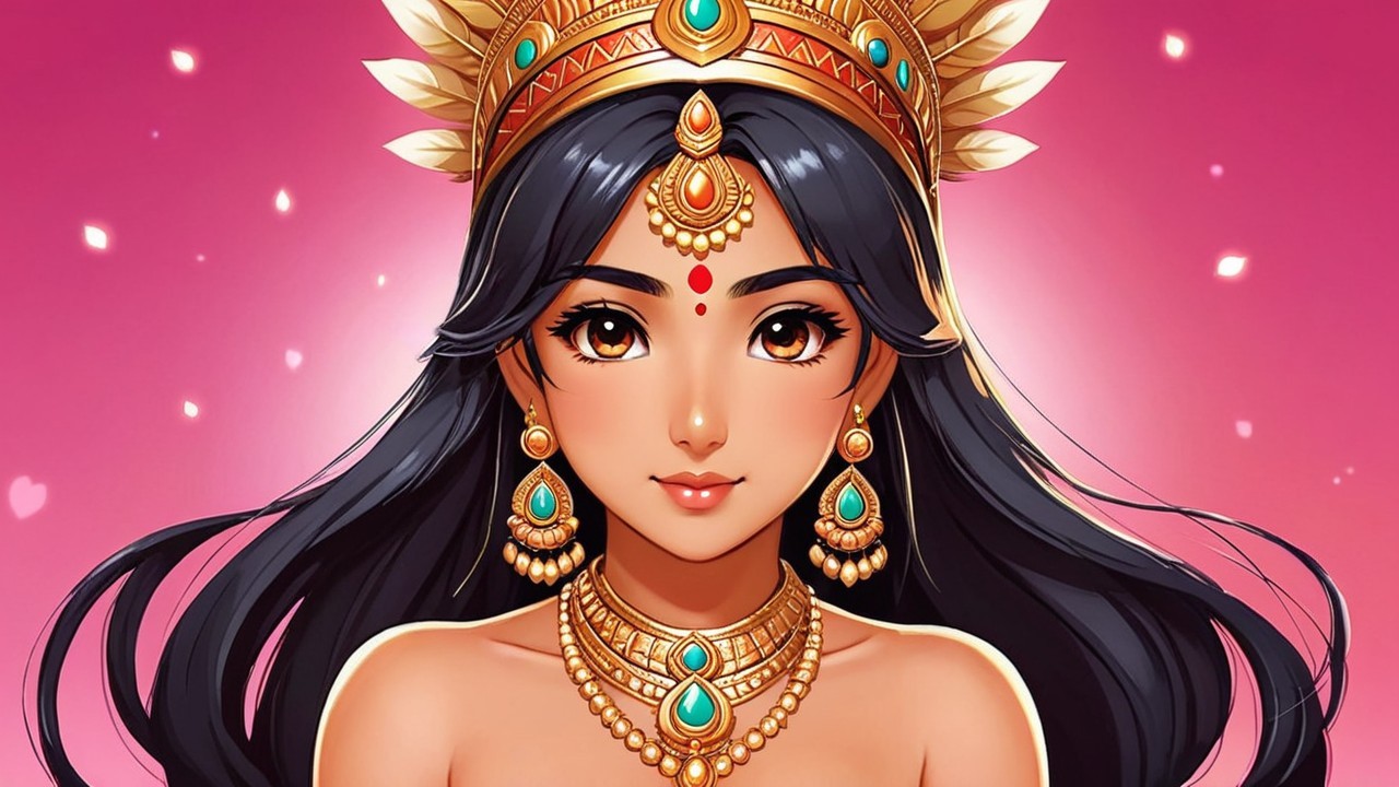 Regal Female Figure with Black Hair and Golden Crown