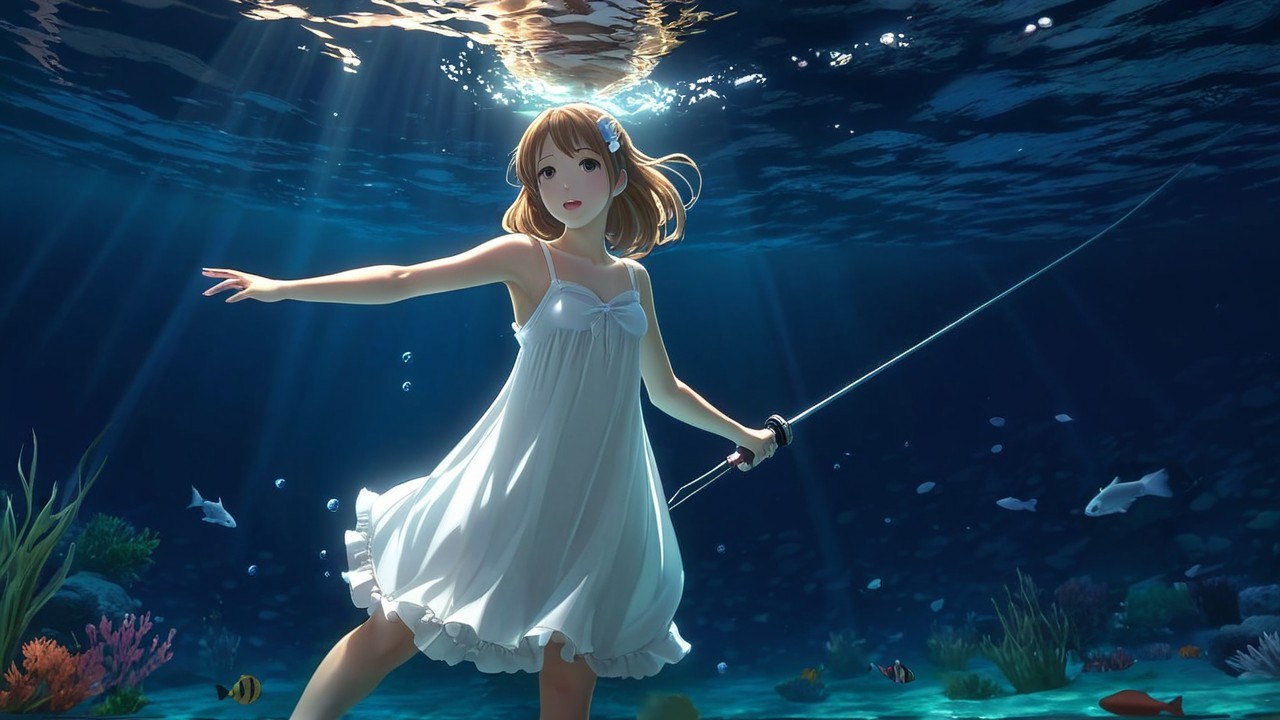 Underwater Scene with Girl in White Dress and Fish