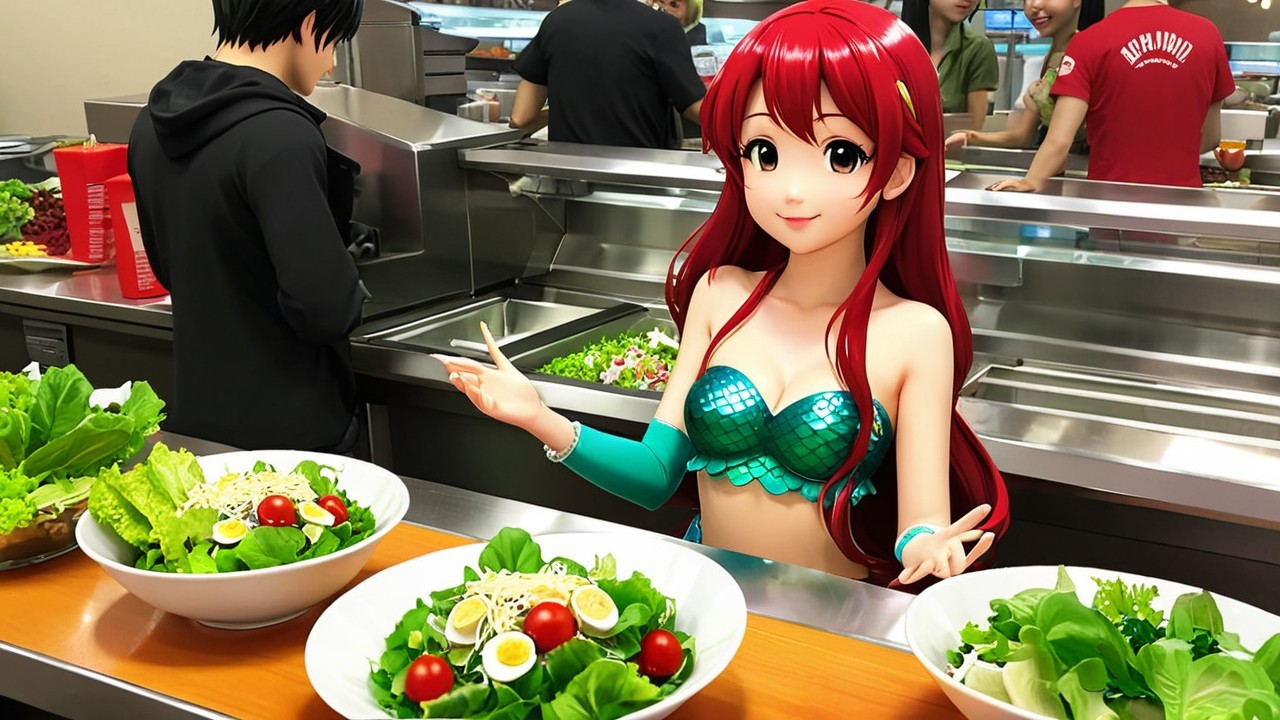 Modern Cafeteria with Animated Character and Fresh Salads