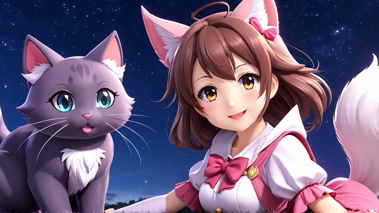 Cheerful girl with cat ears and gray cat under stars