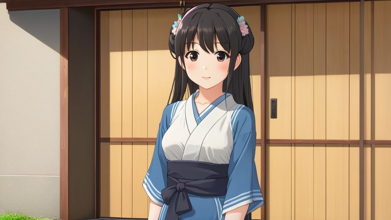 Young Woman in Blue Kimono by Traditional Japanese Building