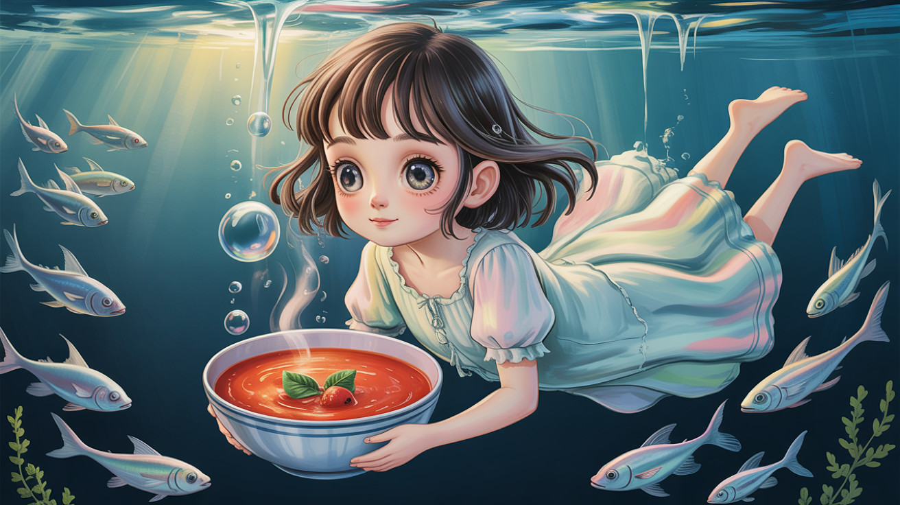 Anime Girl Floating Underwater with Tomato Soup Bowl
