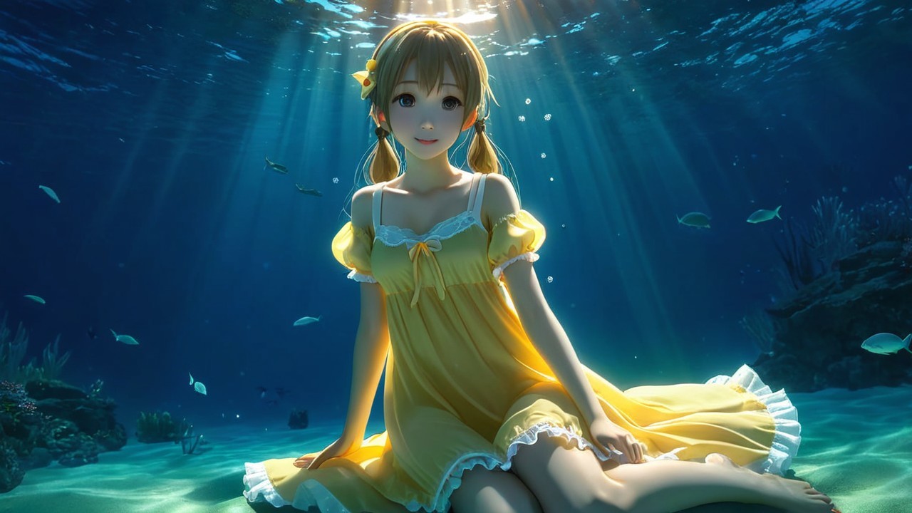 Underwater Scene with Girl in Yellow Dress and Fish