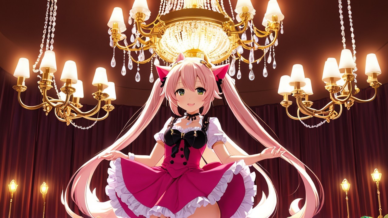 Cheerful anime girl in pink maid outfit under chandelier