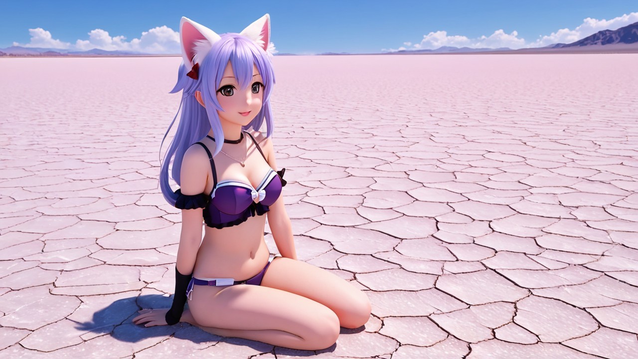 Anime Character with Cat Ears in Dry Landscape