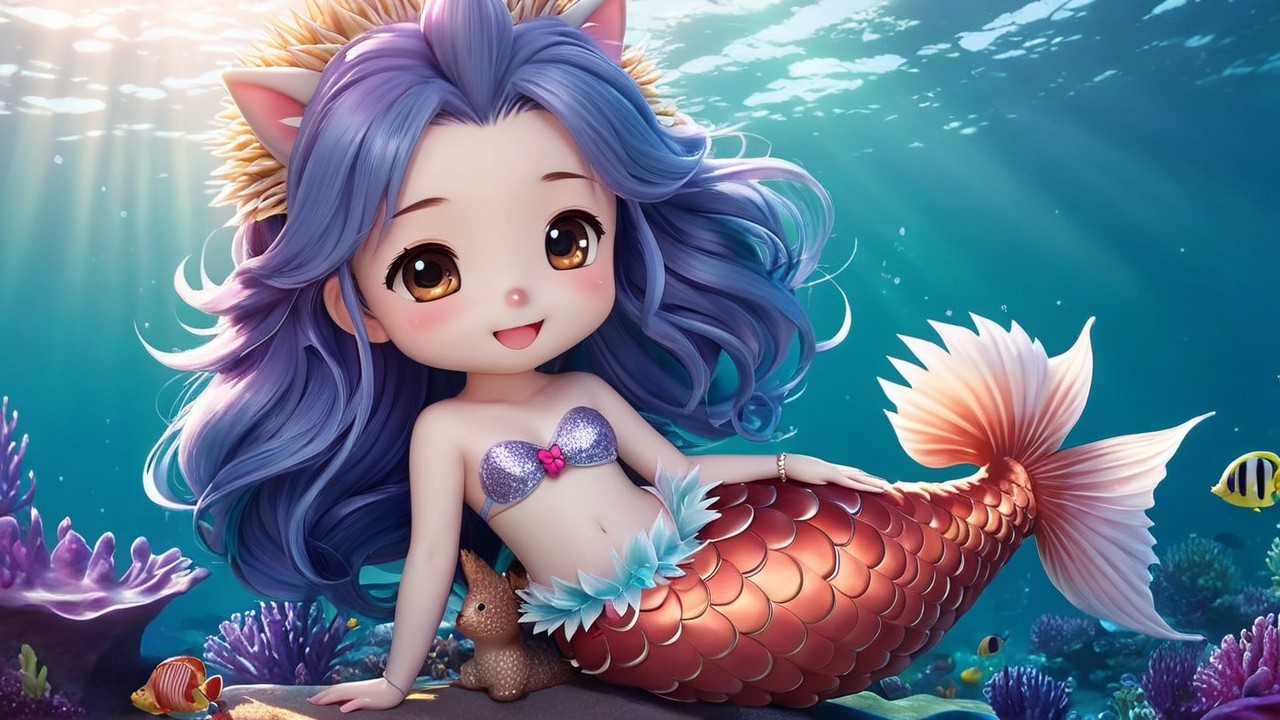Whimsical Underwater Scene with Chibi Mermaid and Coral