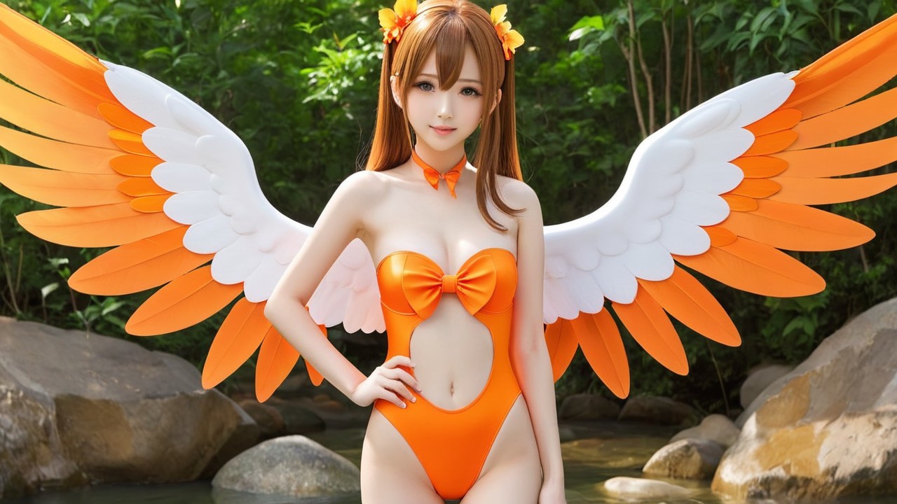 Character in Vibrant Orange Swimsuit with Wings