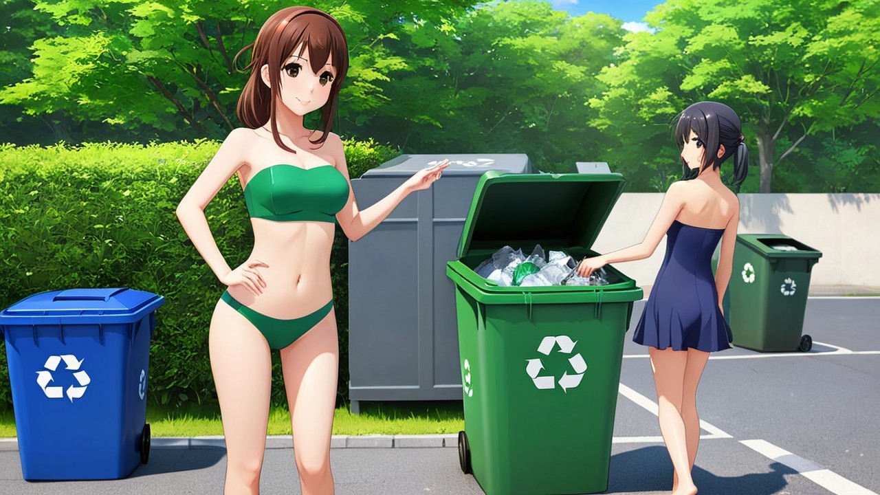 Animated Characters by Recycling Bins in Park Setting