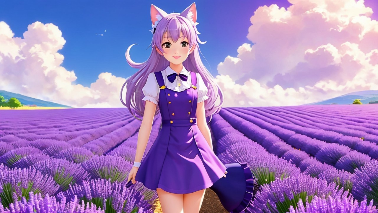 Cheerful anime character in a lavender field scene