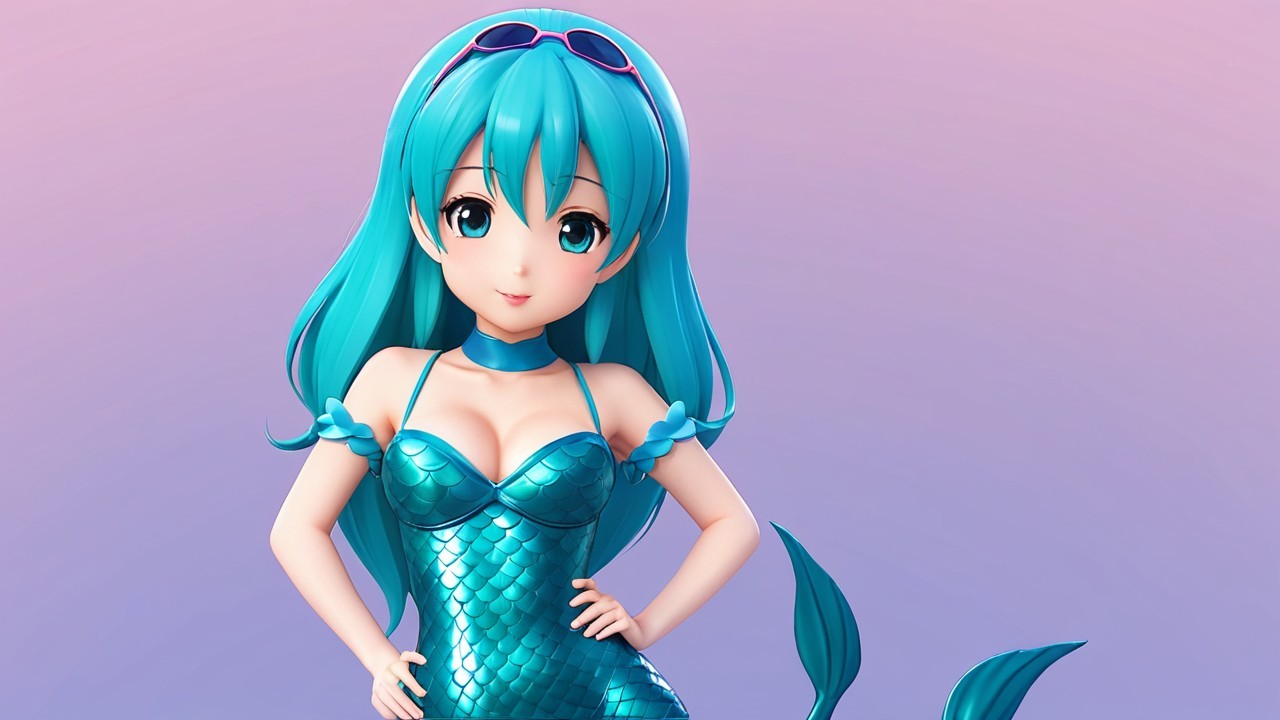 Vibrant Animated Character with Aqua-Blue Hair and Tail