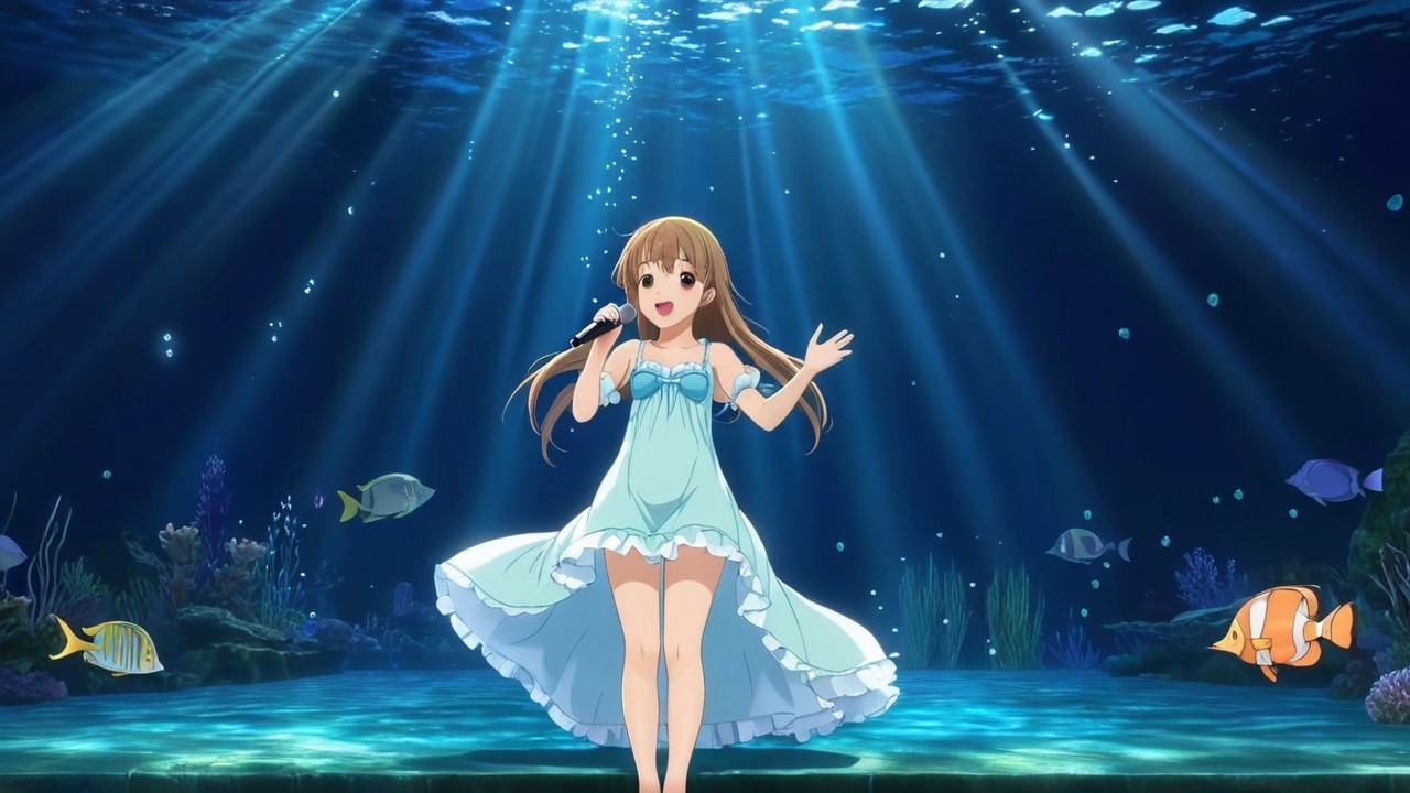 Cheerful Anime Girl Singing in Underwater Scene