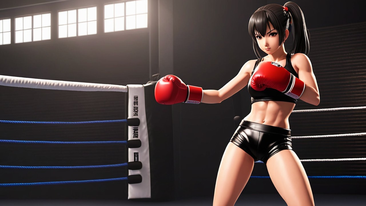 Athletic Female Boxer in Ring with Red Gloves