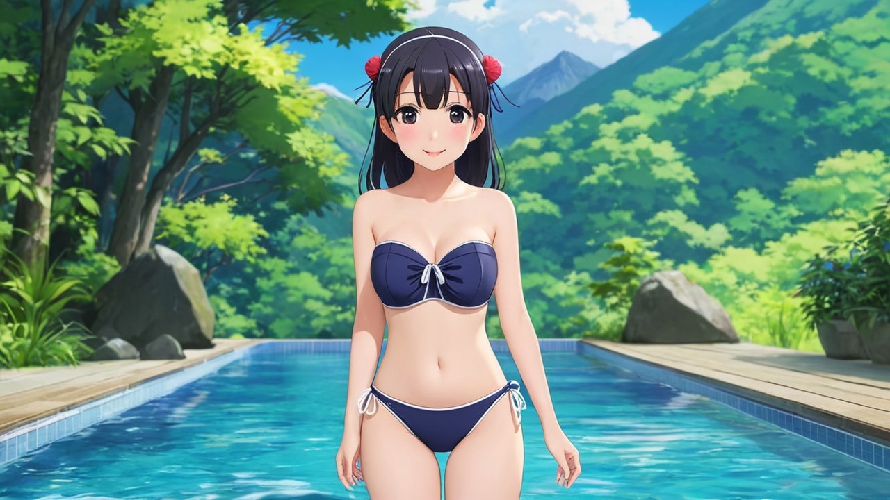 Young Woman by Pool in Lush Summer Landscape