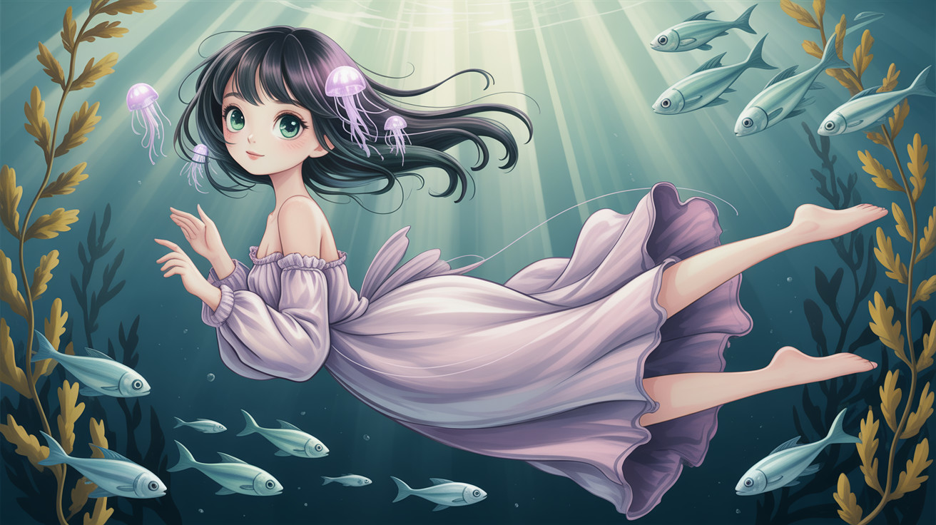 Anime girl in lilac dress swimming with jellyfish