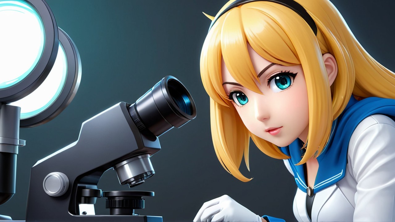 Young female scientist with blue eyes at microscope