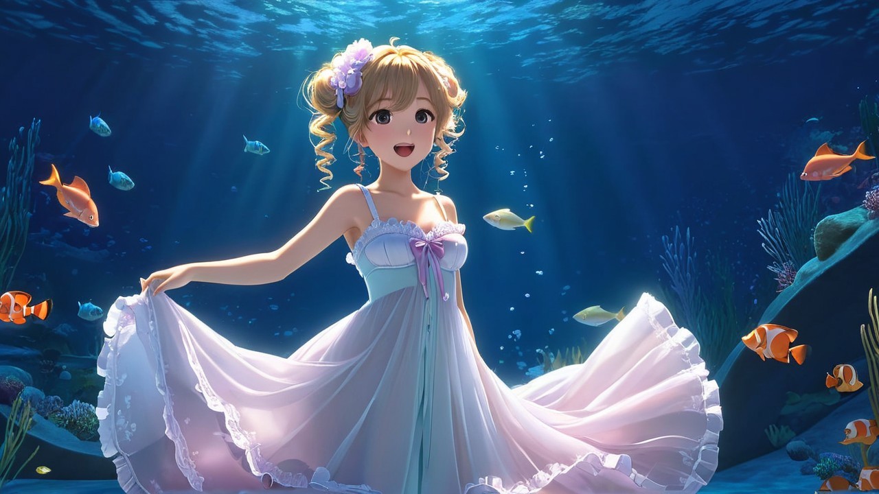 Young girl in white dress underwater with fish and light