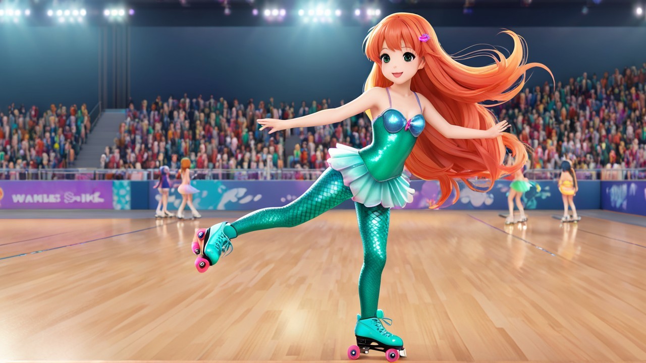 Cartoon Girl Skating in Teal Outfit at Roller Rink