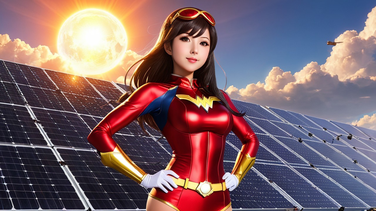 Superheroine in Red Costume with Solar Panels Background