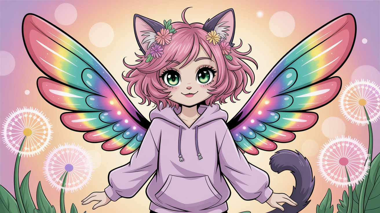 Happy Fairy Girl in Purple Hoodie with Colorful Wings