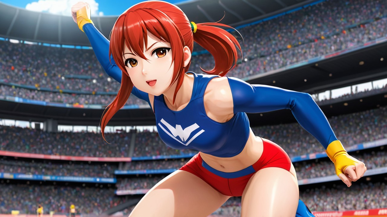 Female Athlete in Energetic Pose at Stadium Event