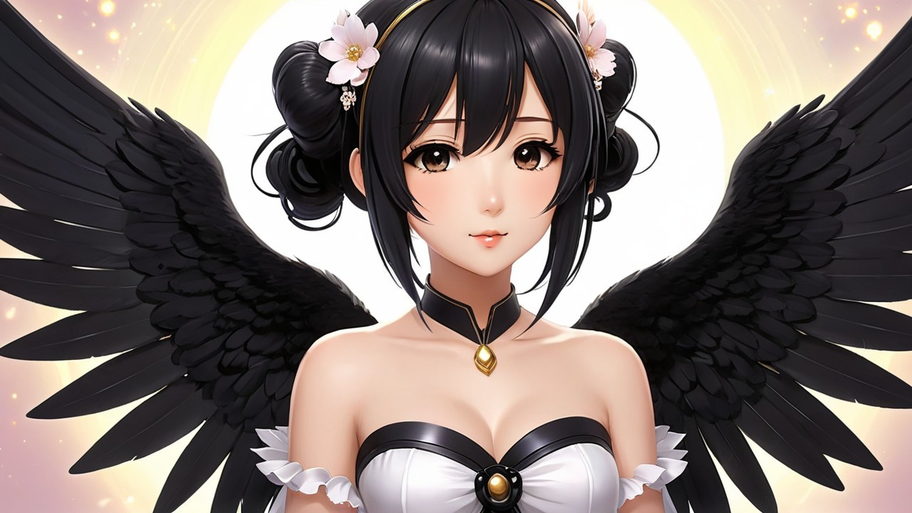 Illustrated Character with Black Wings and Flowers