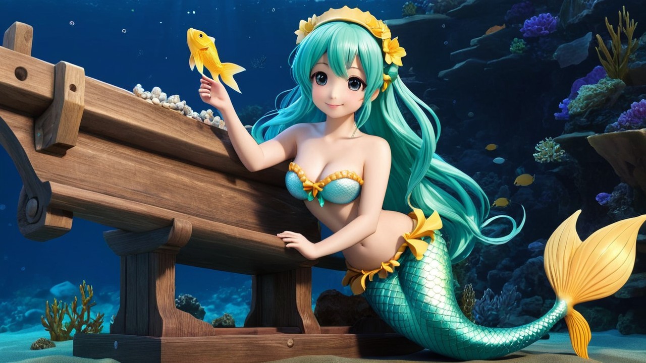 Vibrant Underwater Scene with Mermaid and Treasure Chest