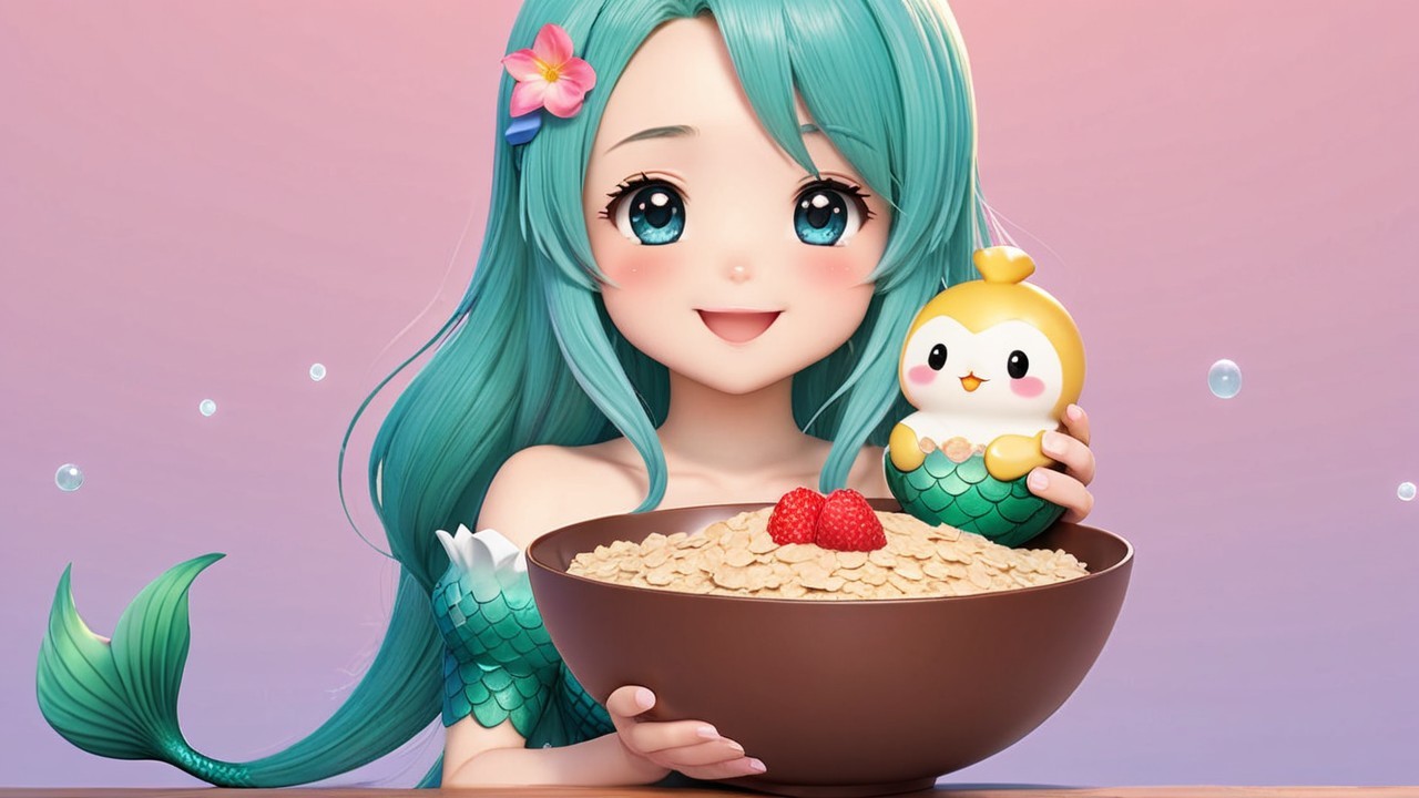 Cheerful mermaid girl with oatmeal and chick toy
