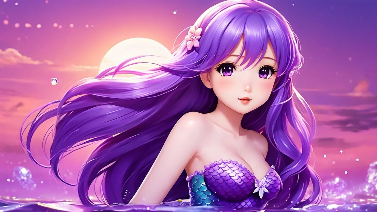Vibrant Mermaid with Purple Tail and Sunset Background
