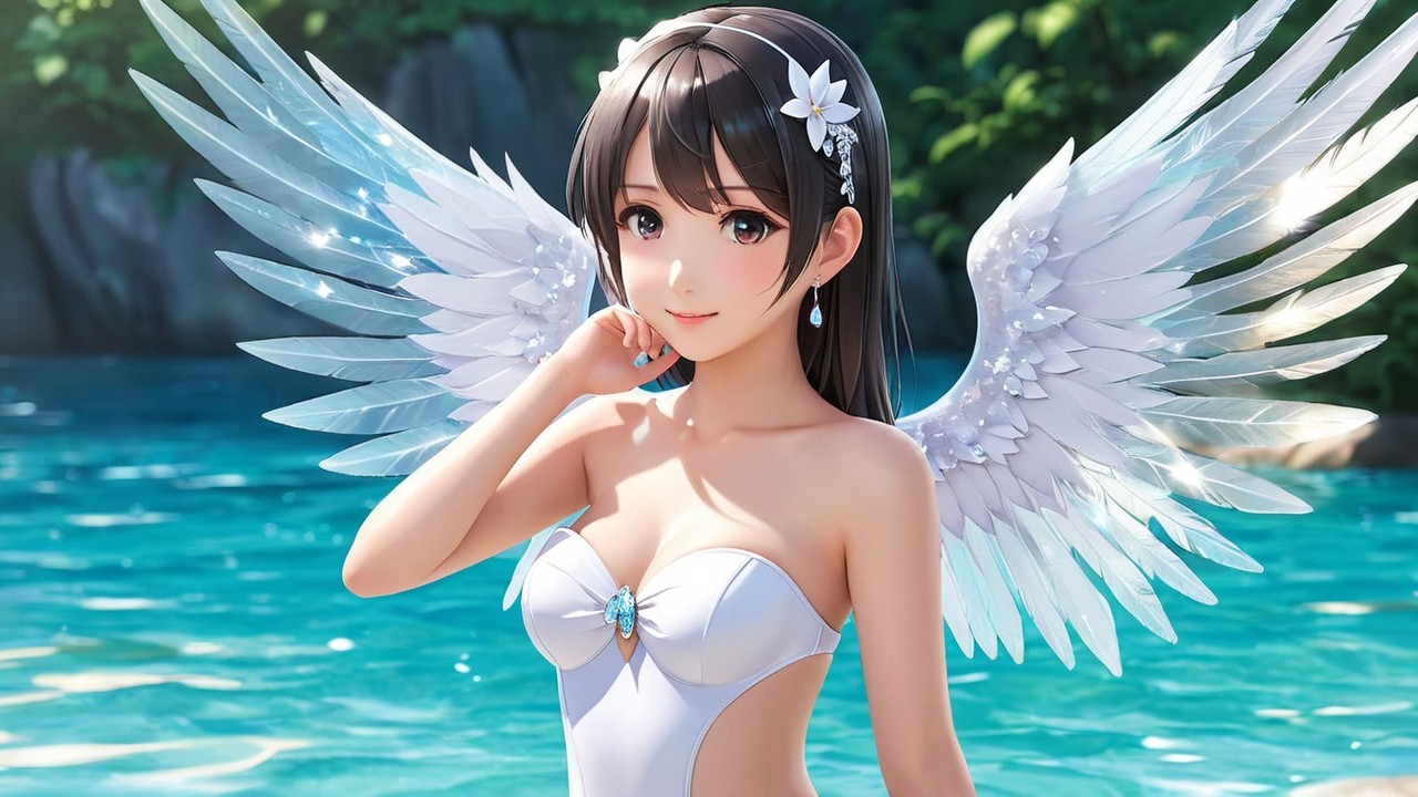 Young woman with white wings by blue water body
