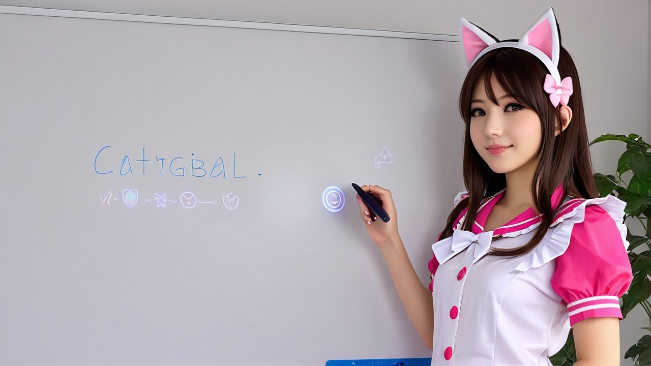 Young Woman in Cat Ears by Colorful Whiteboard