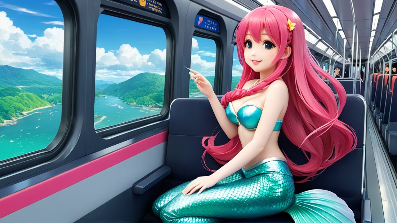 Cheerful mermaid girl in vibrant anime train scene