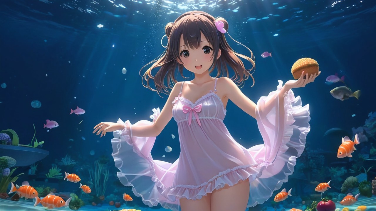 Cheerful girl underwater in pink dress with fish