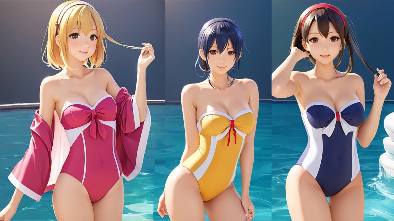 Three Animated Characters by Pool in Stylish Swimsuits