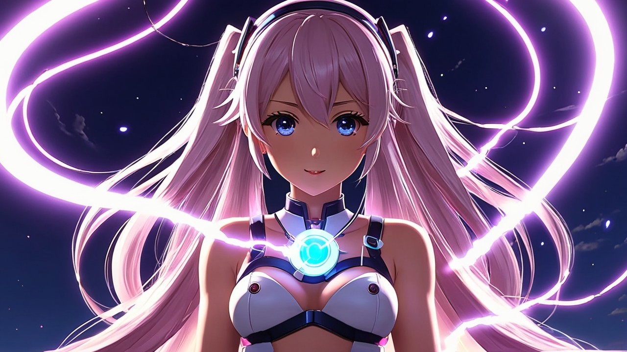 Futuristic character with pink hair in starry night scene