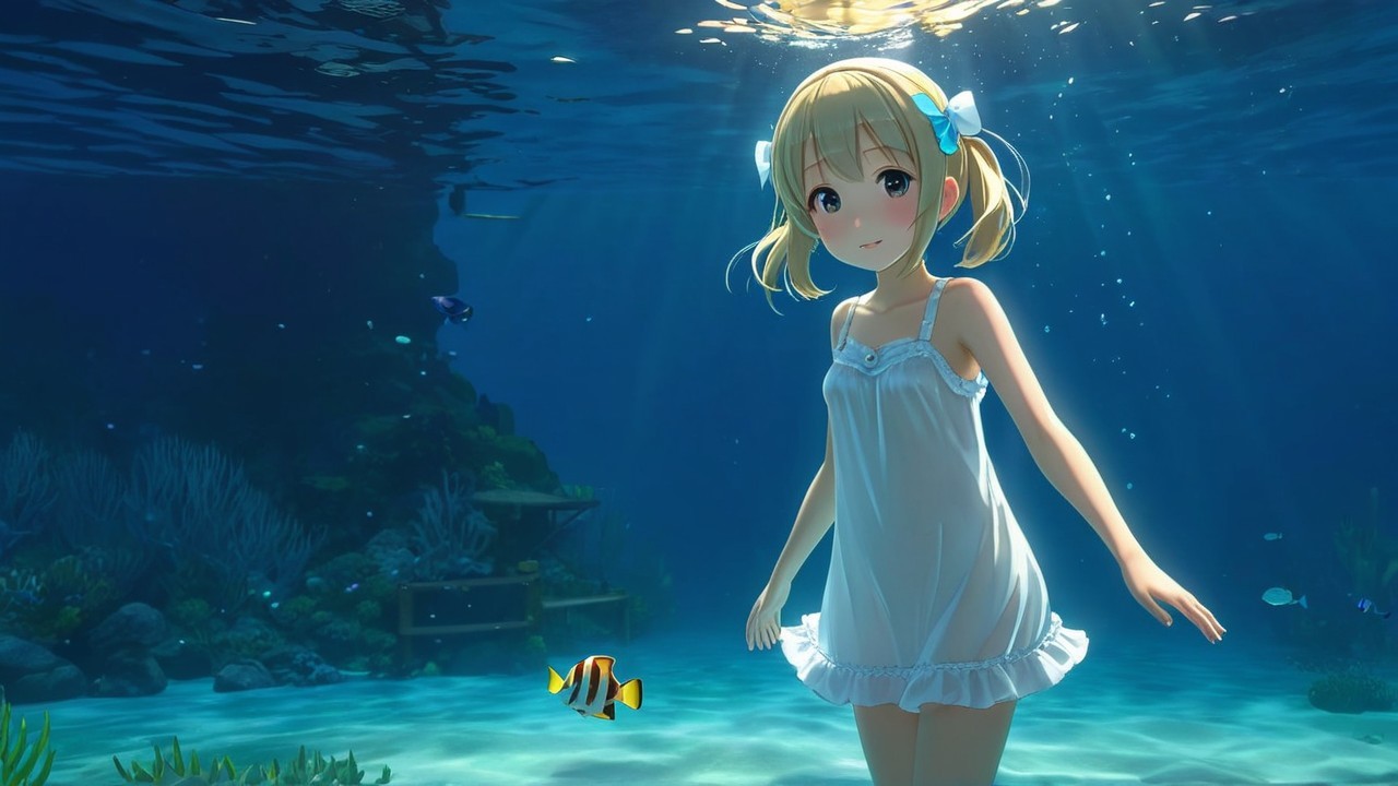 Young girl swimming underwater with colorful fish