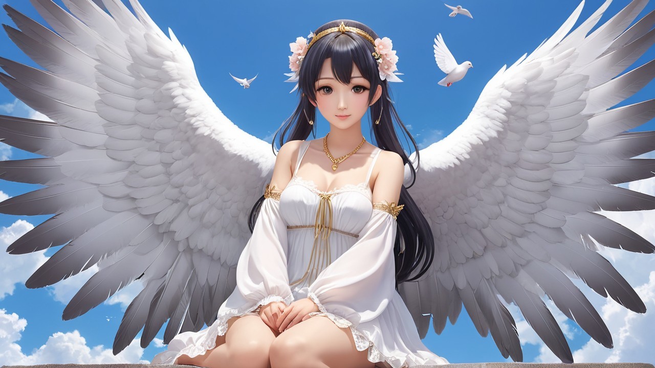 Serene figure with wings and floral crown in blue sky