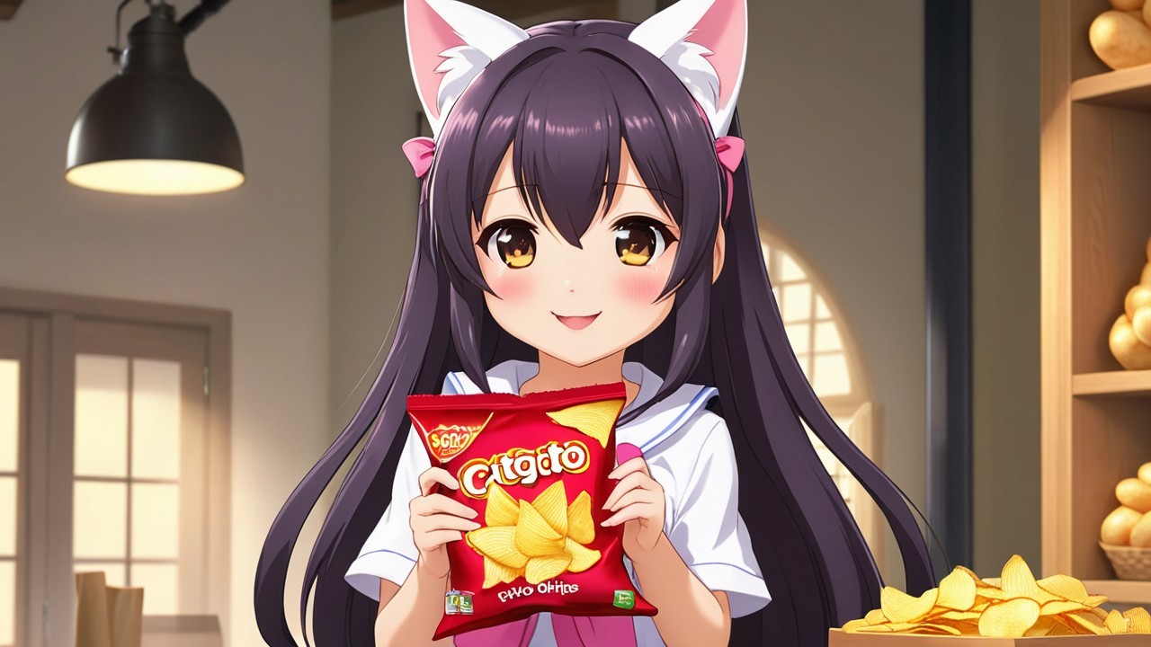 Cheerful anime girl in school uniform with snacks