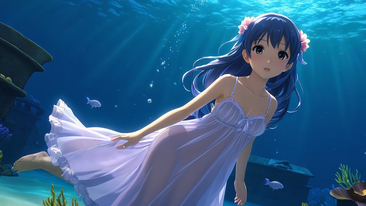 Young girl with blue hair swimming among marine life