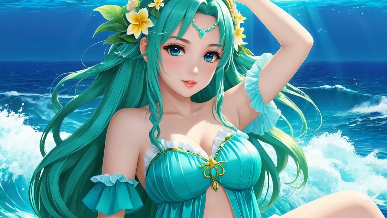Young woman with teal hair by a serene ocean