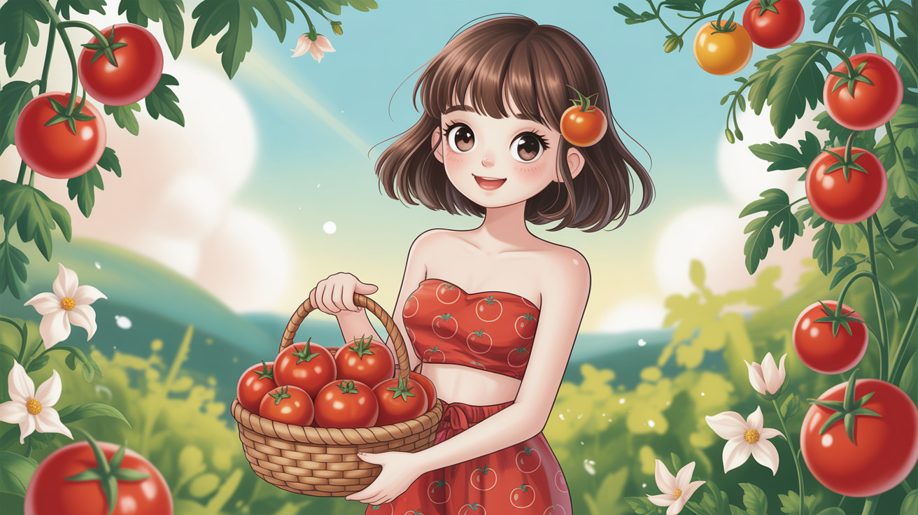 Cheerful Girl with Tomatoes in Lush Garden Setting