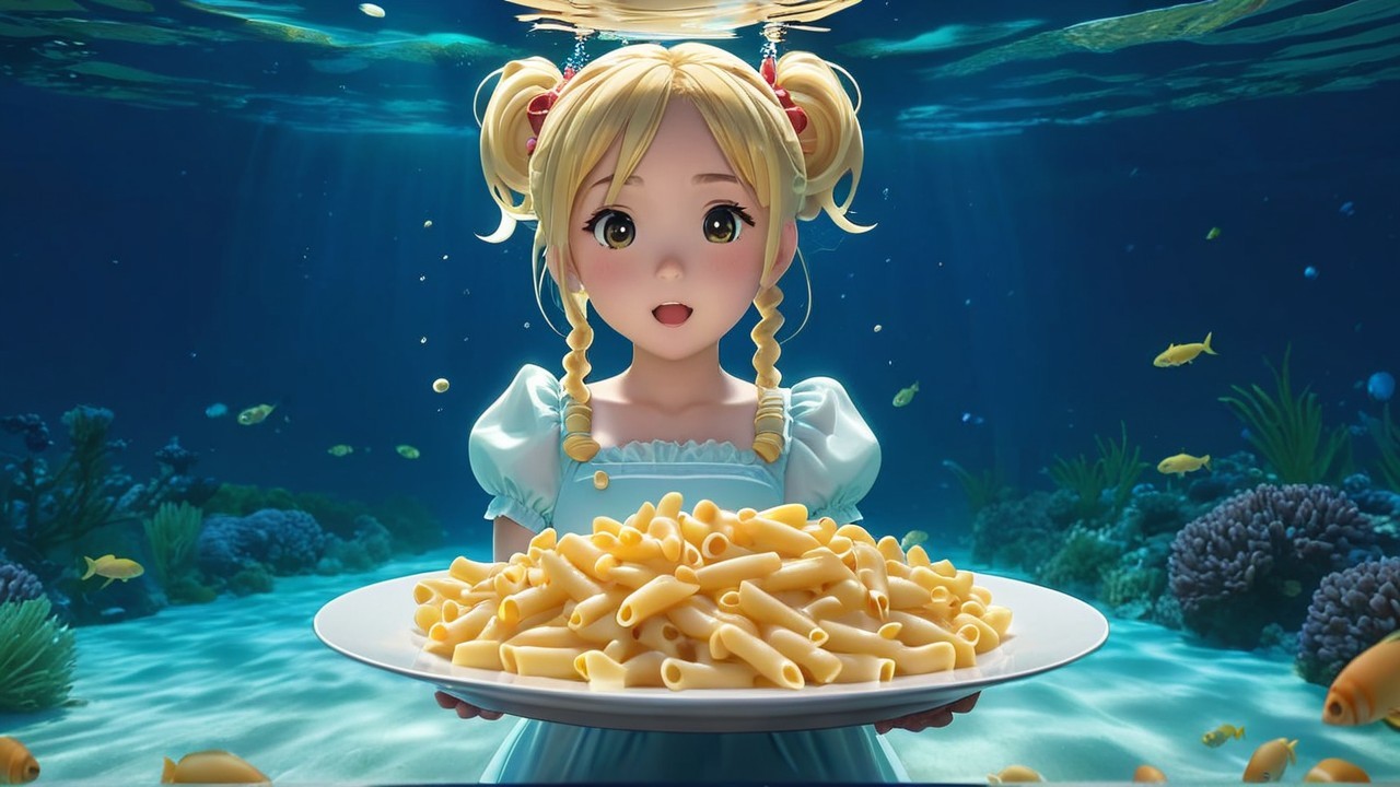 Underwater Scene with Girl and Plate of Pasta