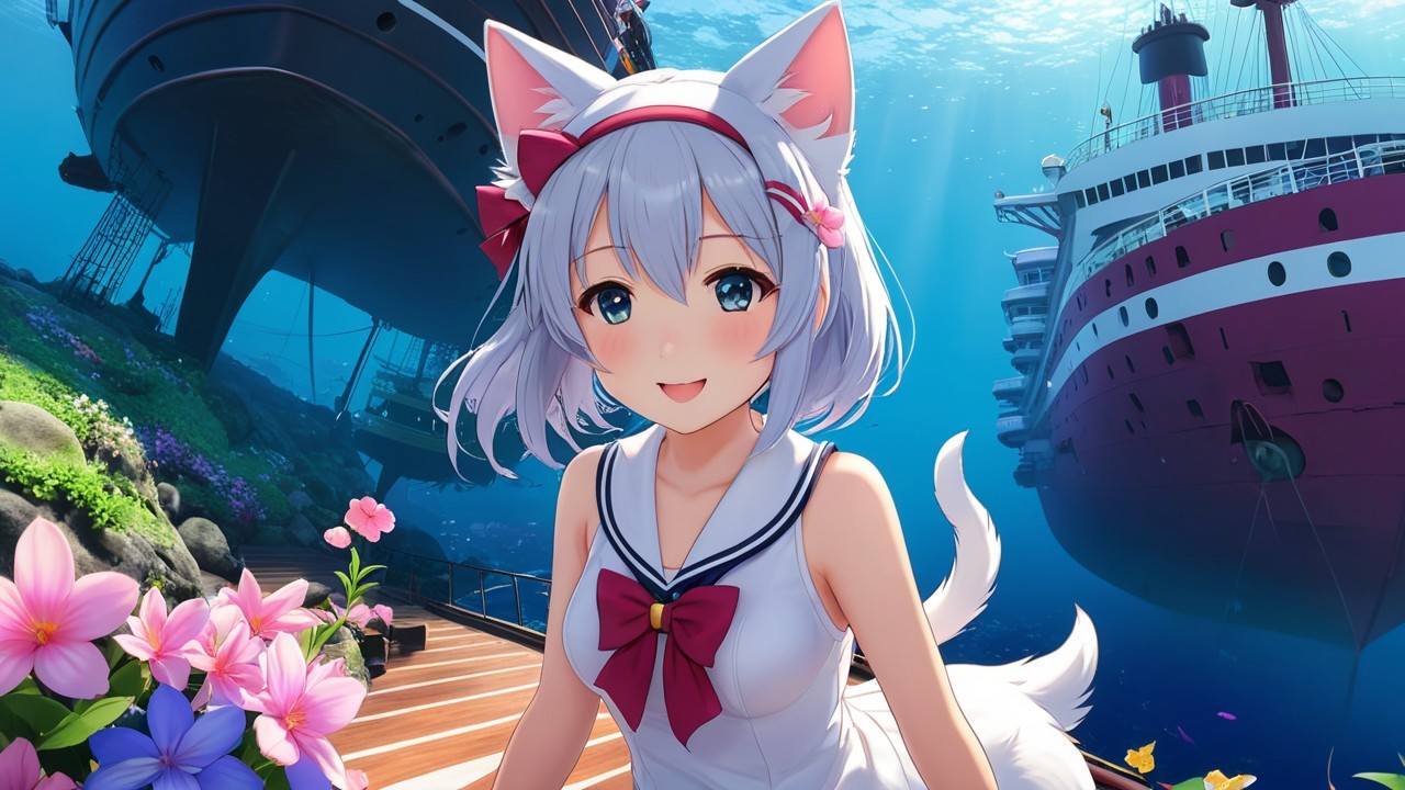 Underwater Scene with Cat-Eared Girl in Sailor Uniform