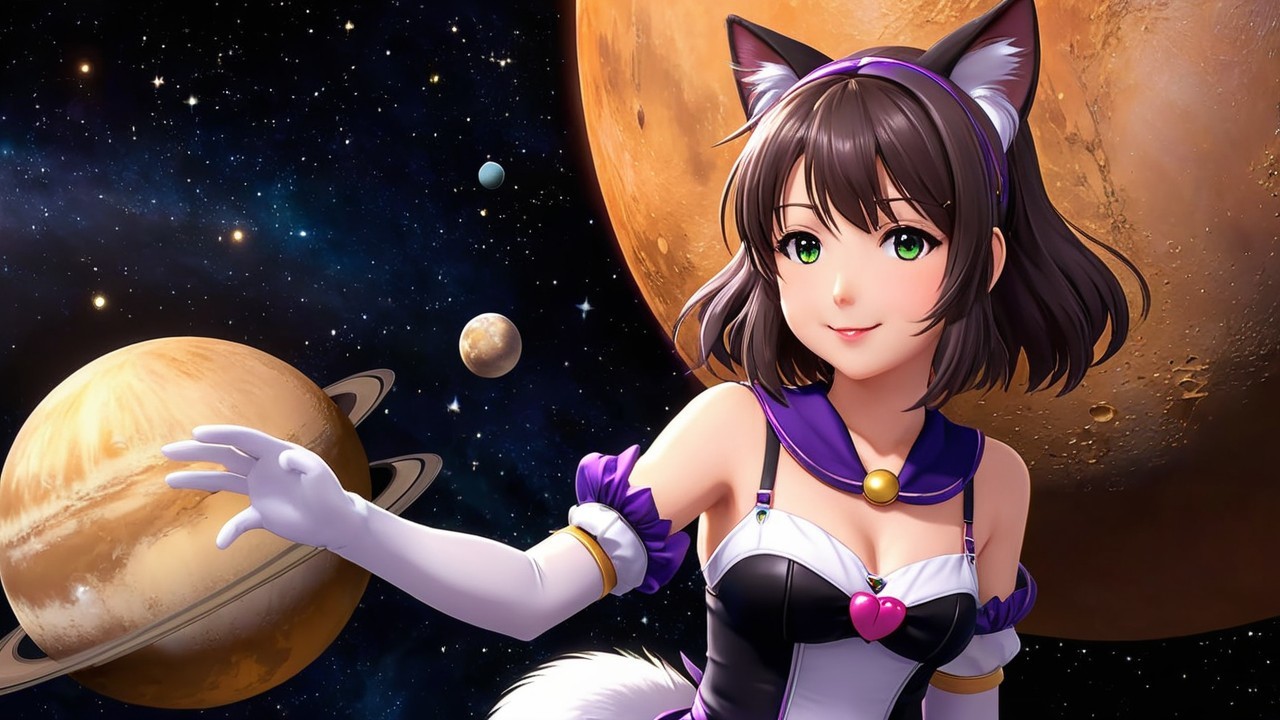 Anime-inspired girl with cat ears in cosmic scene