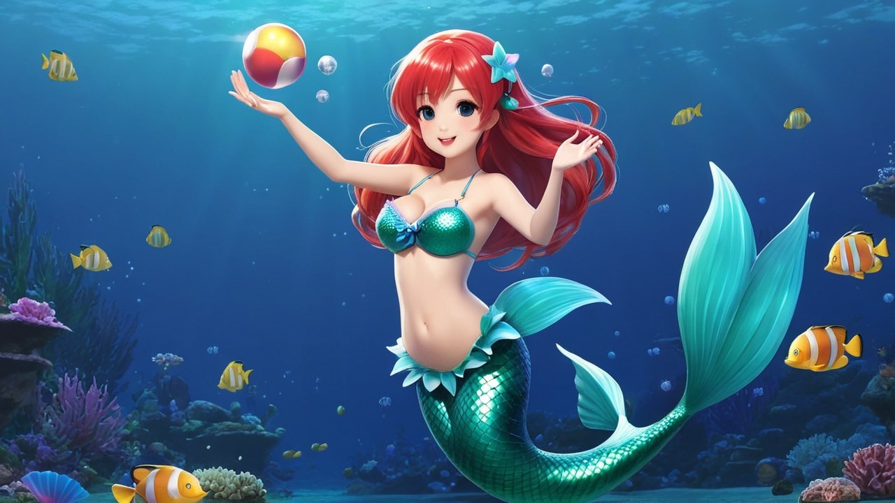 Whimsical Underwater Scene with Cheerful Mermaid
