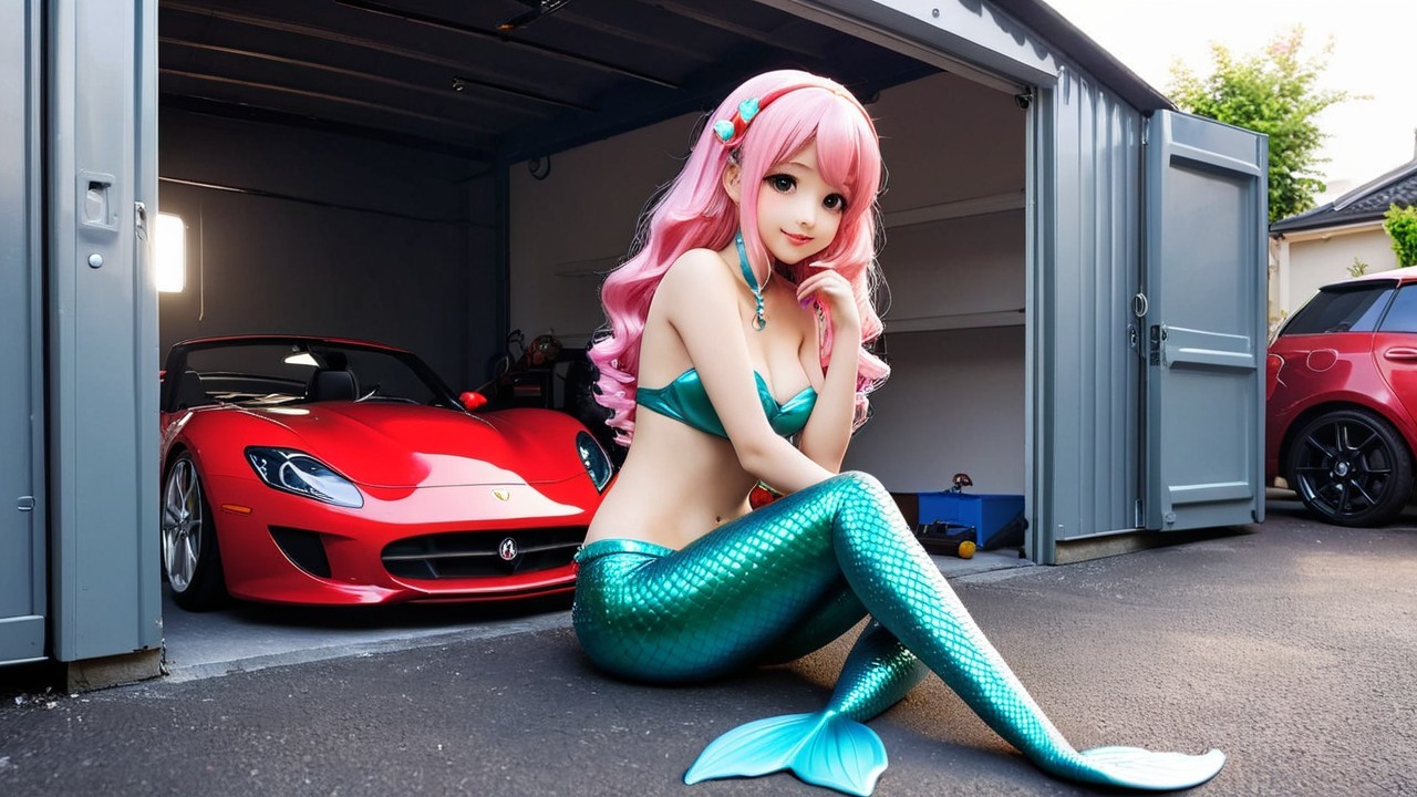 Mermaid with Teal Tail in Luxury Garage Setting