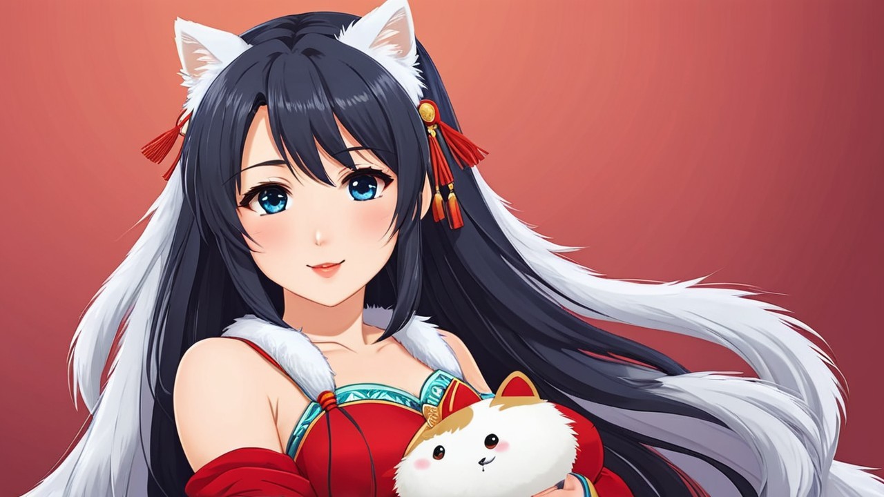 Anime-style female character with fox ears and plush toy
