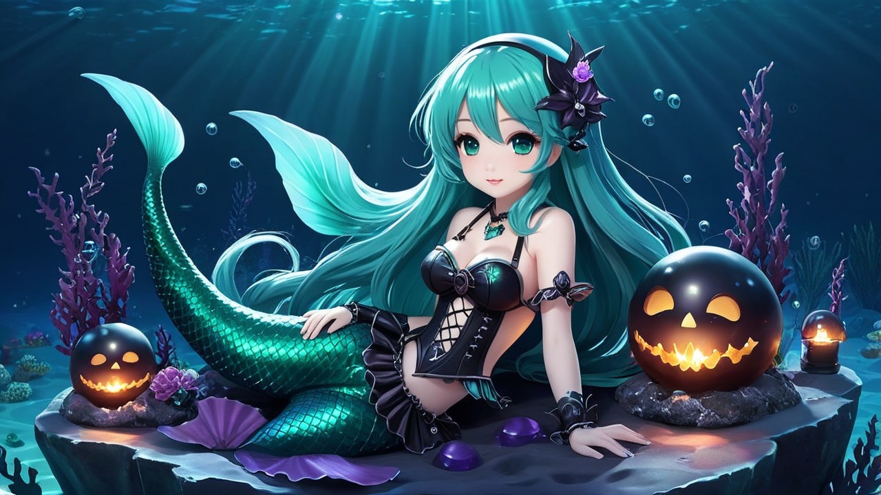Whimsical Mermaid with Teal Hair in Underwater Scene