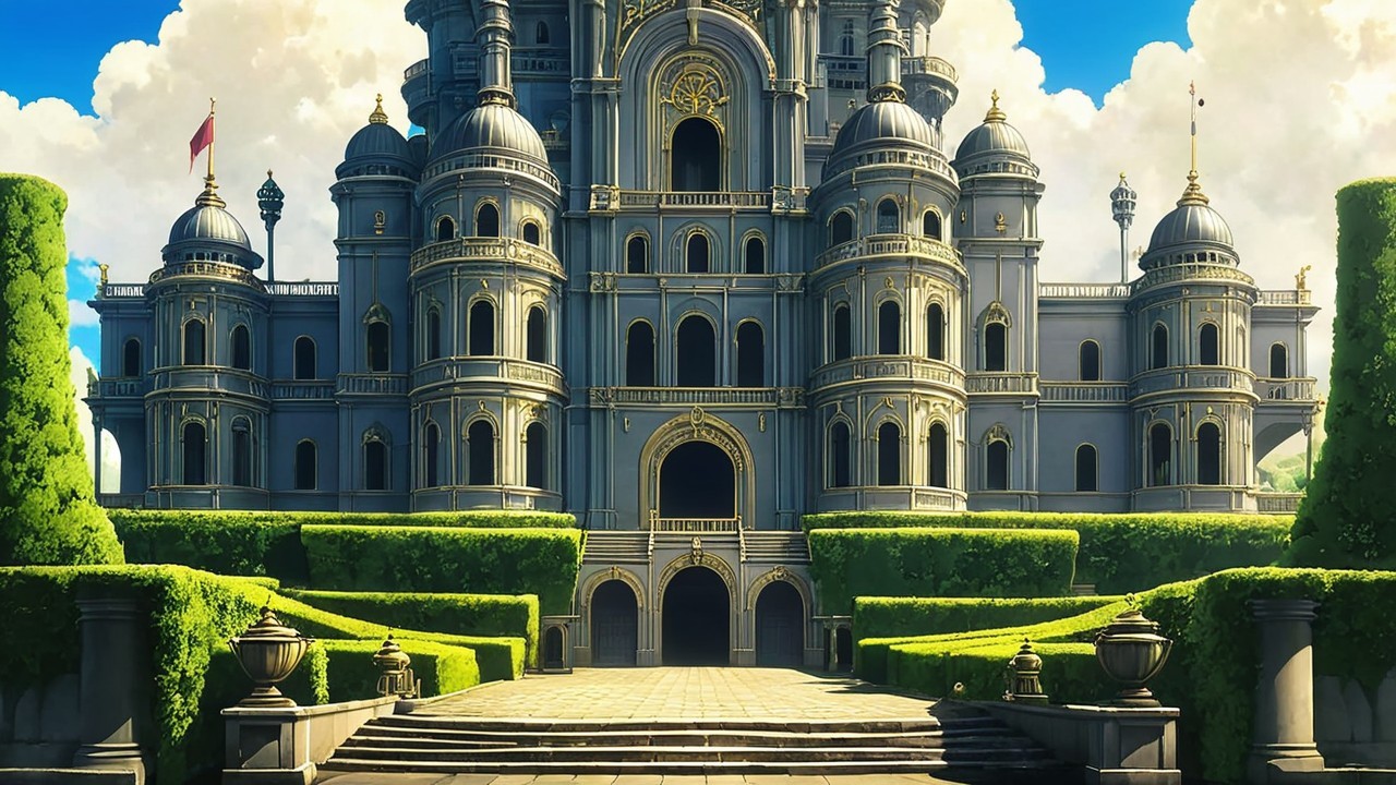 Ornate palace with towers and lush greenery details