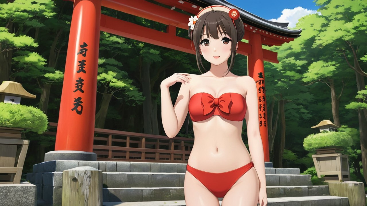 Young woman in red bikini with Japanese architecture backdrop