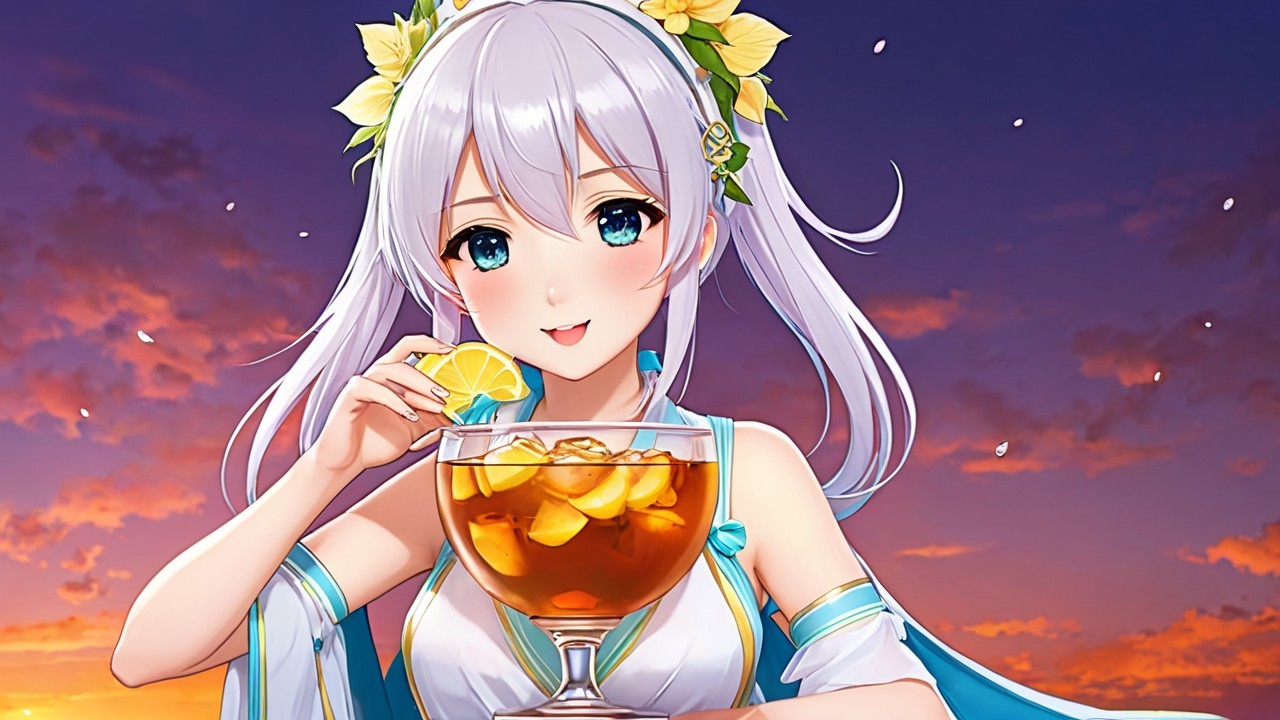 Cheerful anime girl with iced tea at sunset